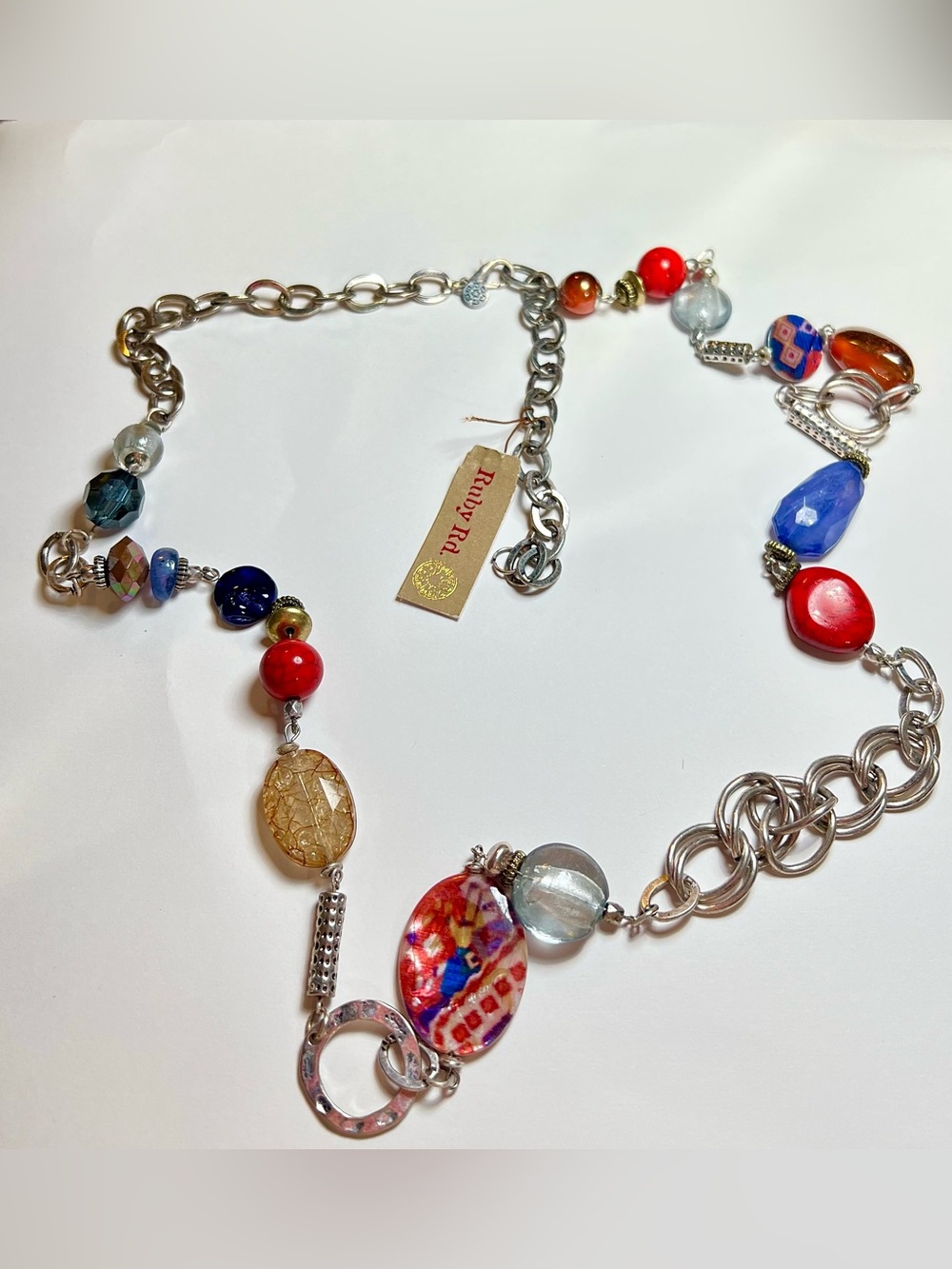 Vintage Ruby Rd Beaded Statement Necklace NWT Colorful Silver Tone